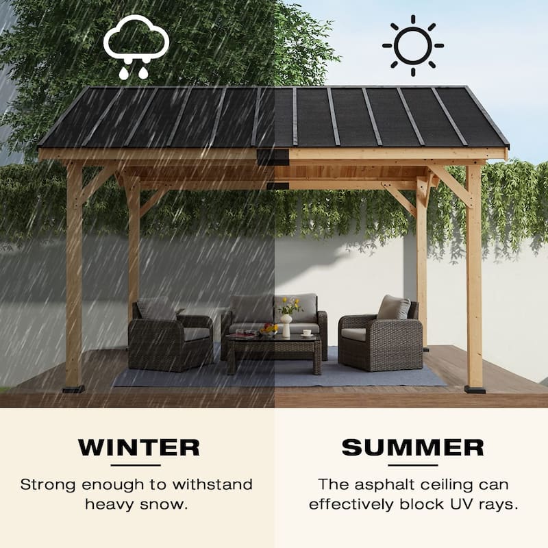 Hardtop Wood Gazebo for Patio, Outdoor Cedar/Spruce Pergola with Metal or Asphalt Roof, All-Weather Backyard Shelter