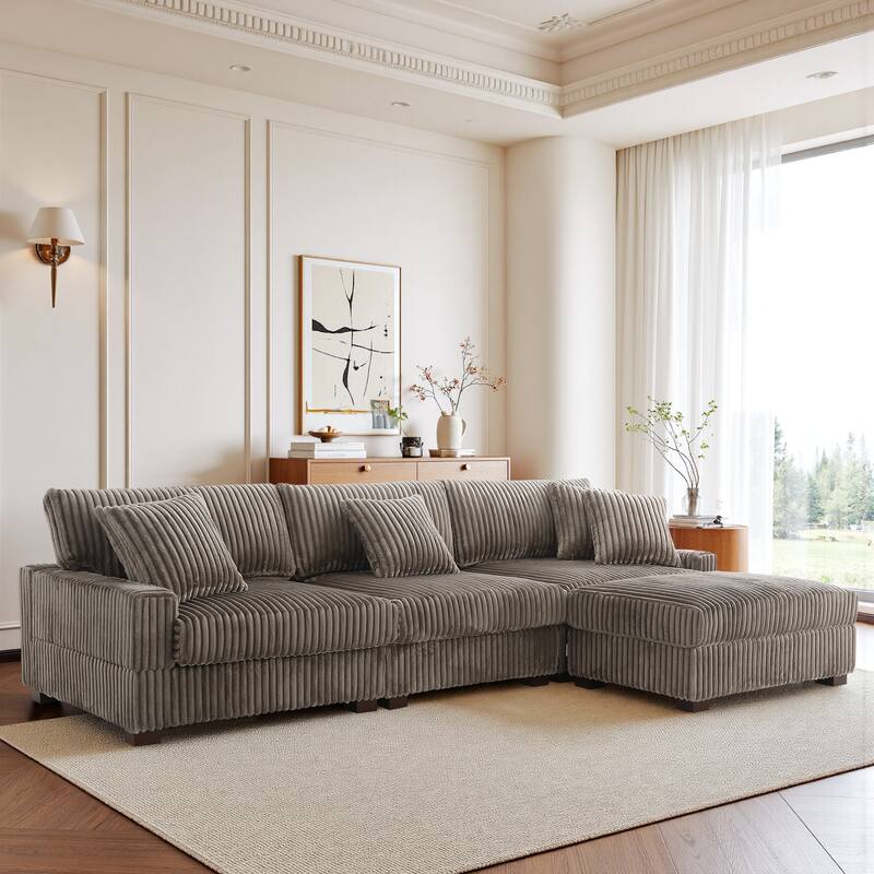 Modular Sectional Sofa Set with Adjustable Headrests and Ottomans - Light Brown/4 Piece