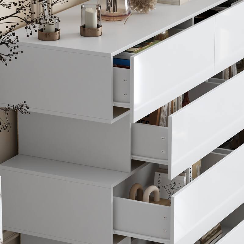 Sleek High Gloss White Eight-Drawer Dresser, Storage Unit Chest