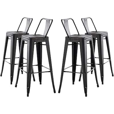 30" Sanded Matte Black Industrial Contemporary Rustic Metal Barstools with Bucket Back, Set of 4