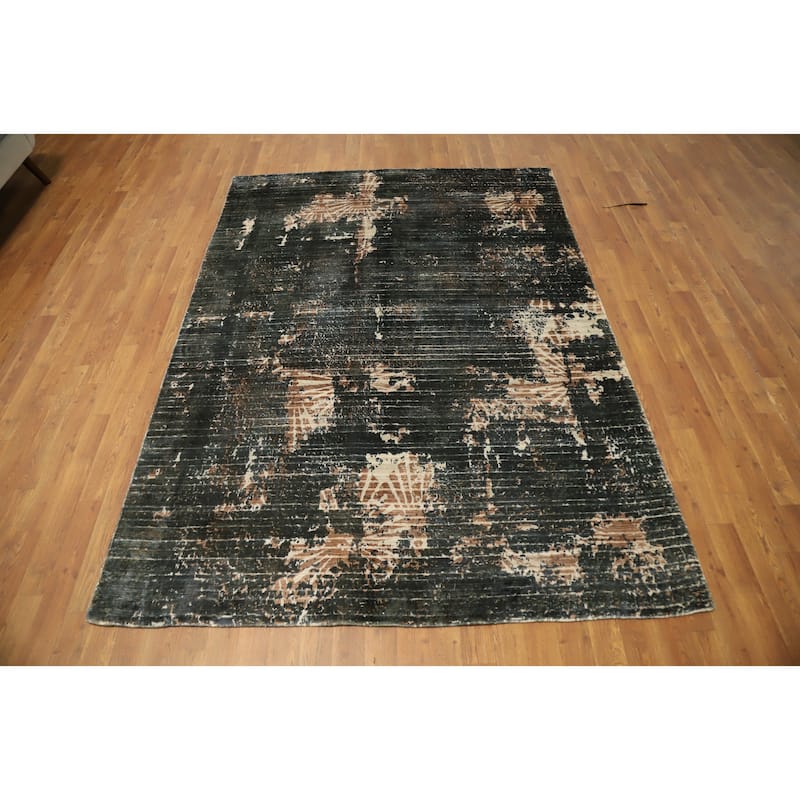 Hand Knotted Oriental Viscose Silk Carpet Modern Abstract Greys & Charcoal Abstract Area Rug - 7' 8'' X 5' 7''