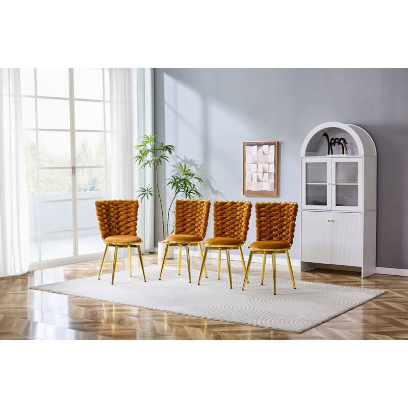 Set Of 2, Modern Luxury Velvet Woven Decorative Dining Chairs, Equipped With Gold Metal Legs And Cushioned Seats