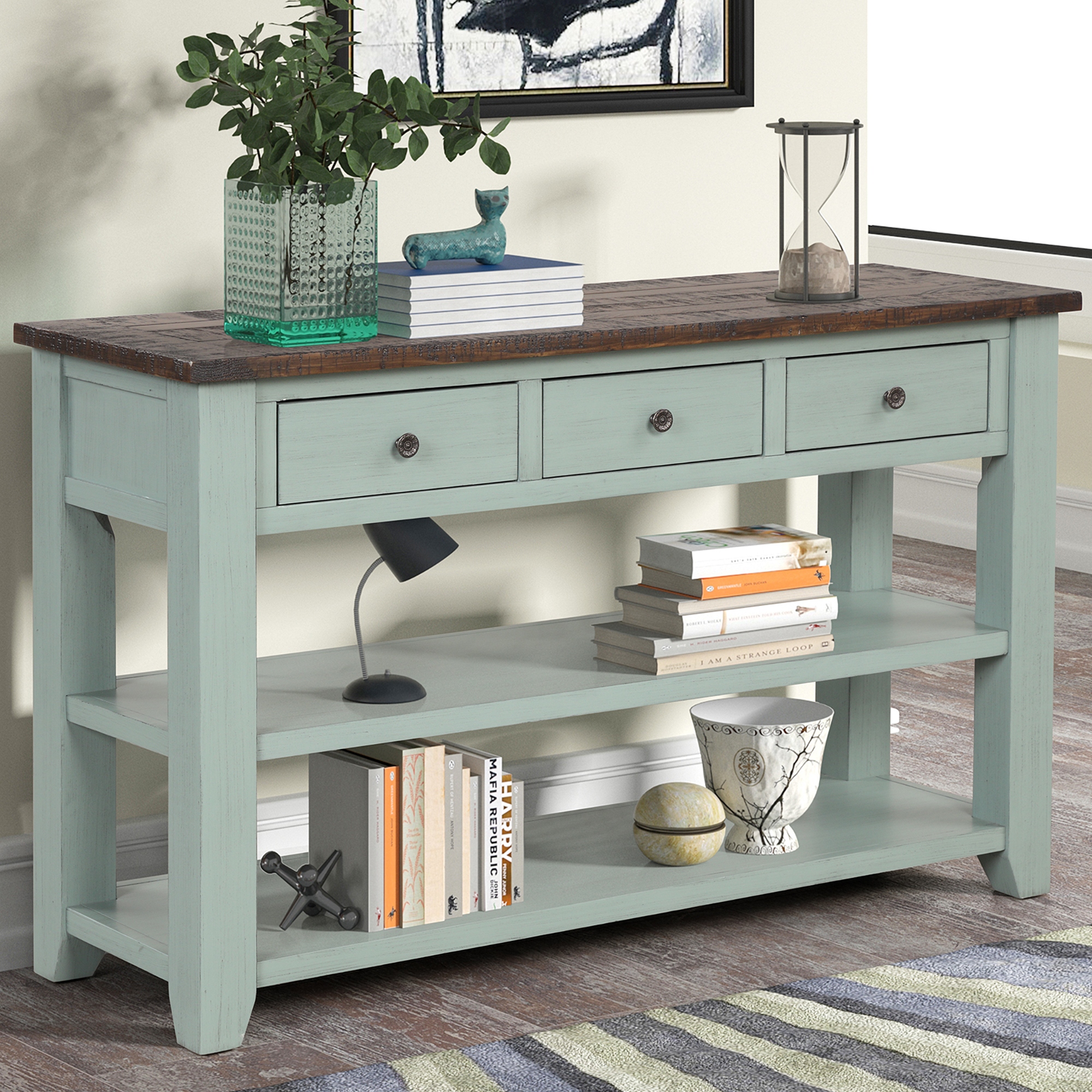 Green console shop table with storage
