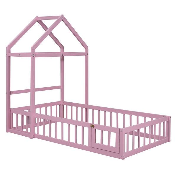 slide 2 of 14, Twin Floor Bed, Wood Montessori Beds Frame, Pink Pink - Twin