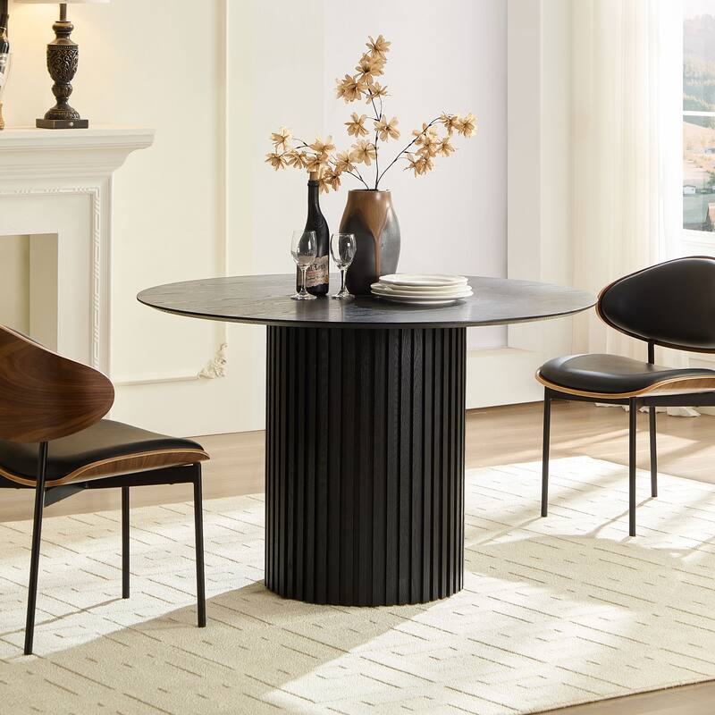 Modern Round Dining Table Display Table OfficeTable with Slatted Tambour Cylindrical Base & Anti-slip Mat