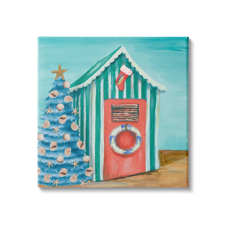 Stupell Nautical Shell Blue Christmas Tree Striped Beach Tent Canvas Wall Art - 17 x 17