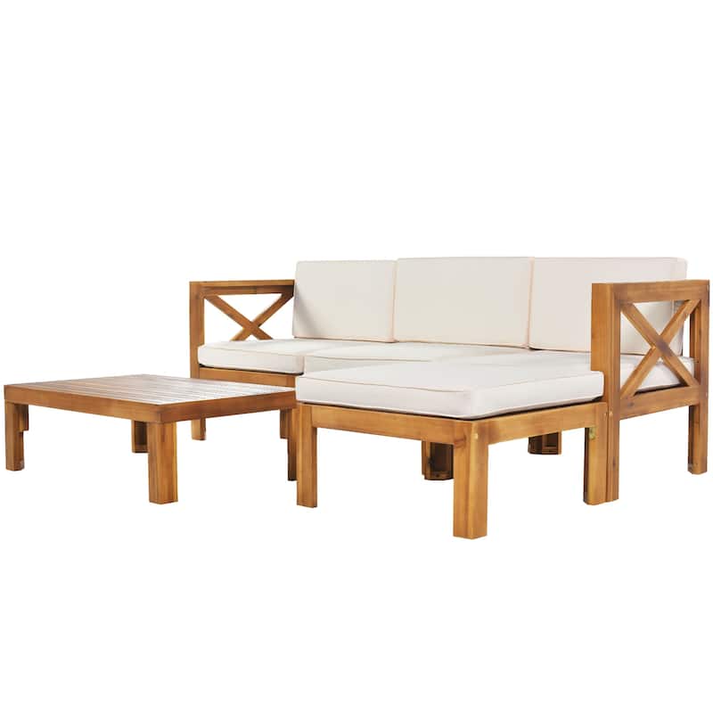 Beige Natural Acacia Wood 5-Piece Outdoor Sectional Sofa Set with Water-resistant Fabric