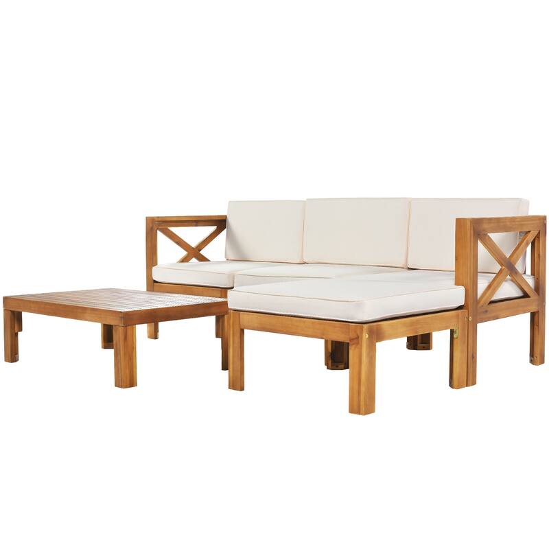 Beige Natural Acacia Wood Outdoor Sectional Sofa Set with Solid Table