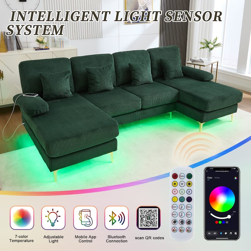 HOMEFUN Corduroy Upholstered U-shaped Adjustable Light Modular Sectional Sofa With Type-C and USB ports