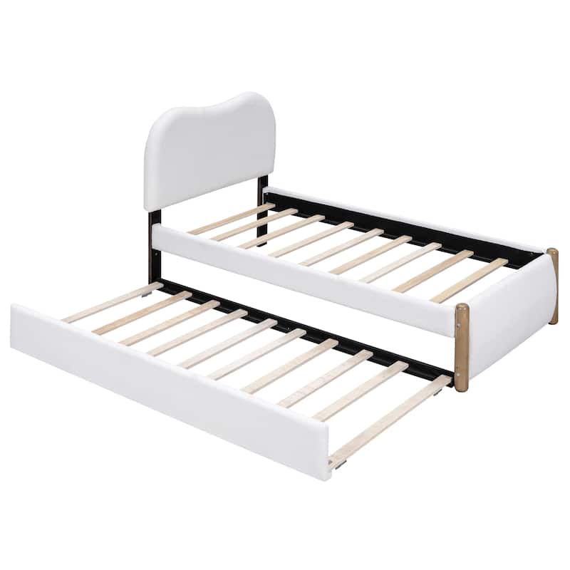 Twin Size Upholstered Platform Bed Frame with Wood Supporting Feet and Slatted, Pull-out Trundle Bed for Bedroom