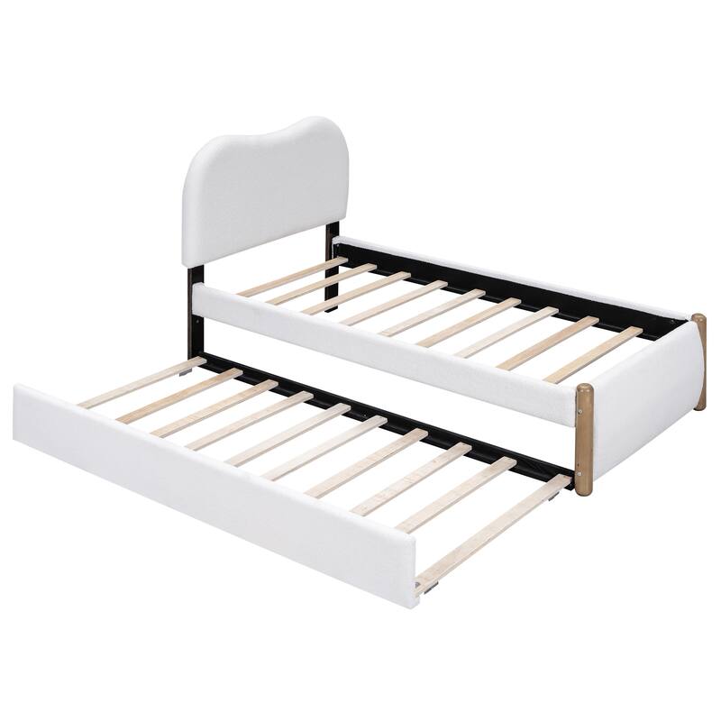 White Twin Size Upholstered Platform Bed with Trundle and Wood Feet
