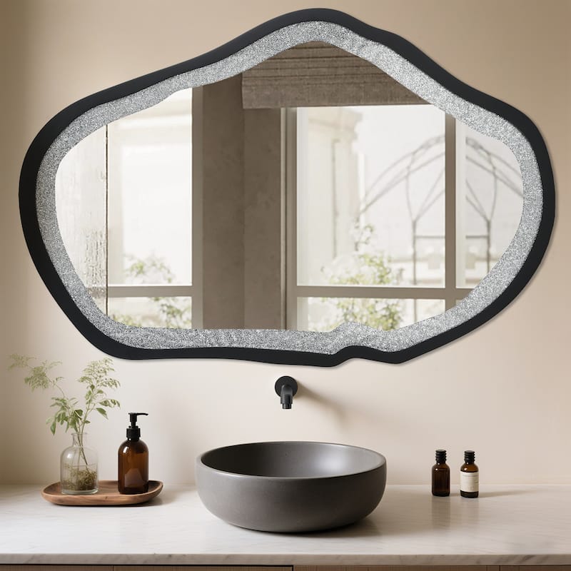 Mireve Modern Irregular Black Frame Mirror with Faux Diamond Inlay Wall Decor - W31.9"xD0.8"xH47.2"