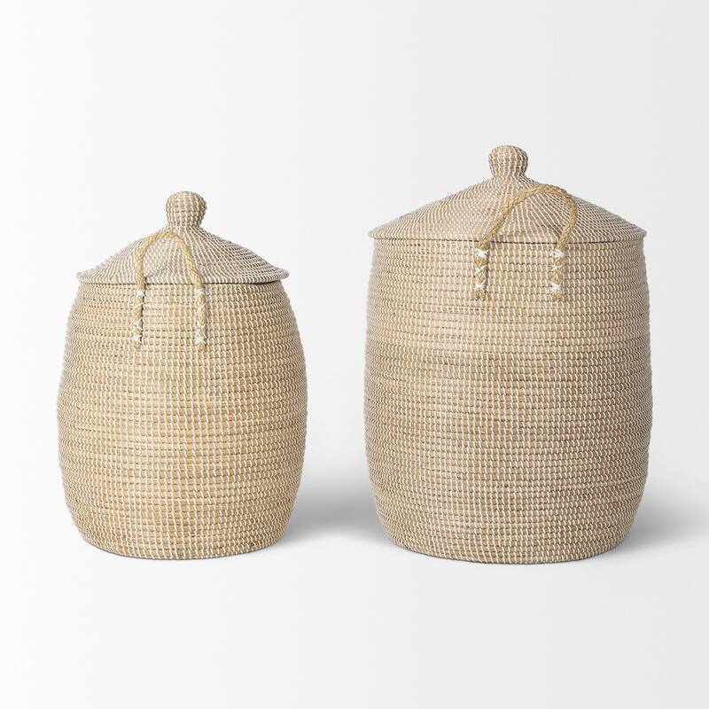 Kairi Light Brown Seagrass Floor Baskets With Lids And Handles (Set of 2) - 20.9L x 20.9W x 29.9H
