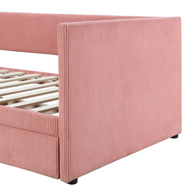 Pink Corduroy Twin Size Daybed with Two Drawers and Wood Slat Support, No Box Spring Required, Easy Assembly