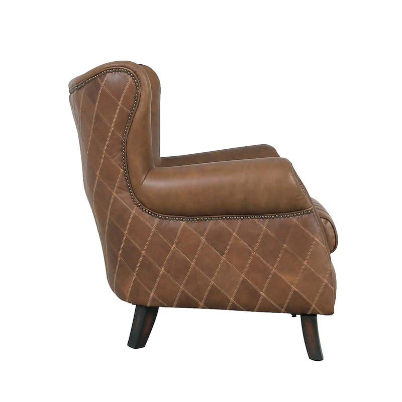 Pasargad Home Harrison Top Grain Leather Wing Chair, Brown - W31"xD27"xH33"