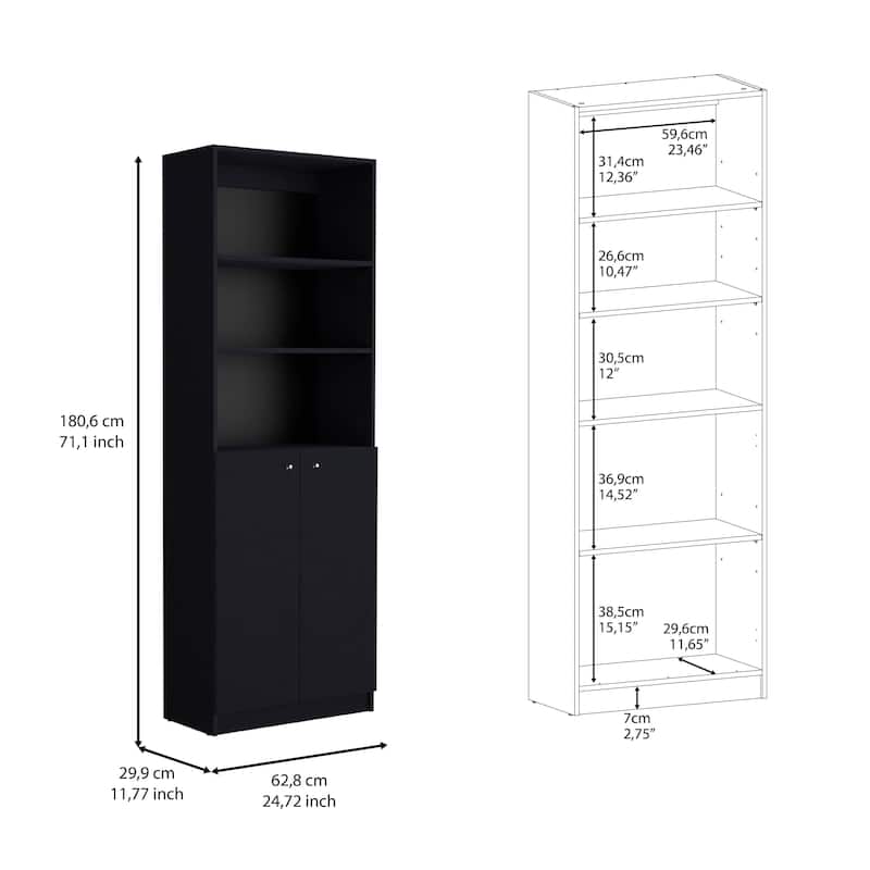 FM FURNITURE Cortaro 2 Piece Living Room Set with Sutton Bookcase + Sutton 2-Door Bookcase, Black
