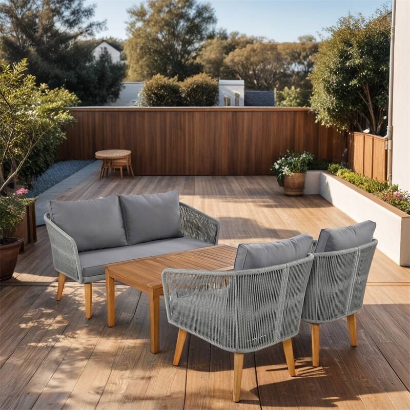 4-Piece Patio Conversation Set with Cushions and Solid Wood Loveseat