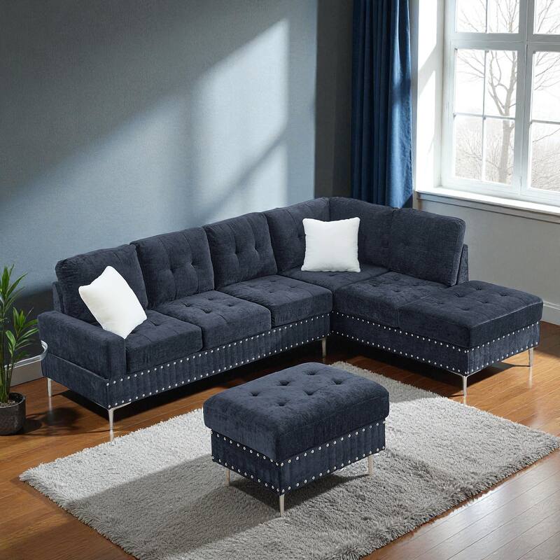102" 3-Seater L-Shaped Sectional Sofa with Chaise and Storage Ottoman, Chenille Upholstery, Metal Legs, Rivet Trim & 2 Pillows - Navy Blue