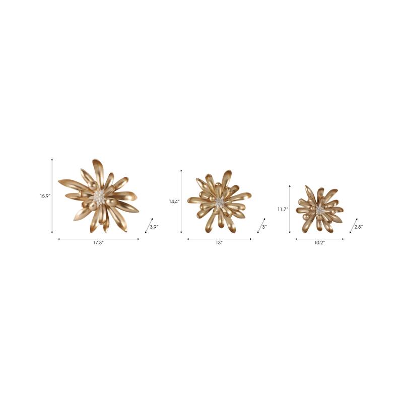 Polyresin Wall Sculpture Floral Design (Set of 3) - 16/14/10" Gold - 17.5" x 4" x 16"