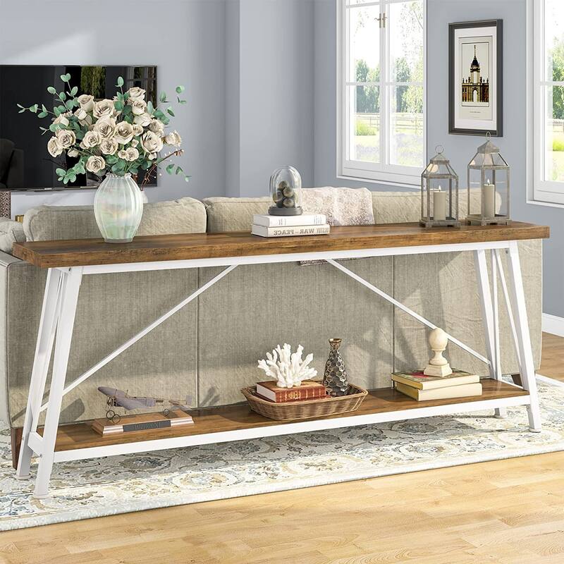 70.9 Inch Extra Long Sofa Table, Industrial Entry Console Table - Light Brown & White