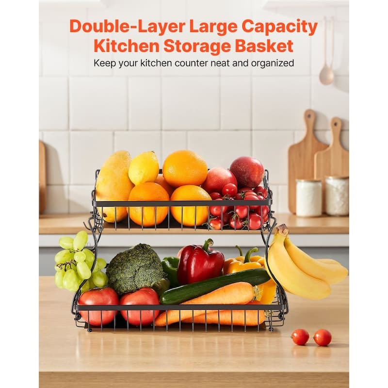 Matte Black Double-Layer Fruit Basket Holder Countertop Storage Organizer for Kitchen Fruits - 15.16” x 9.06” x 9.65”
