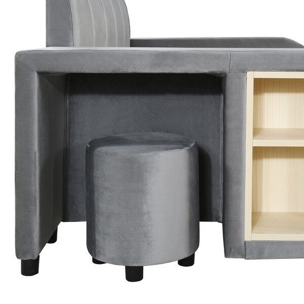 Full Size Velvet Upholstered Platform Bed w/ Bedside Desk & Stool