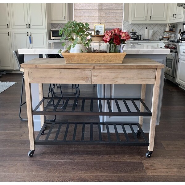 Two Drawer Rustic Natural Wood Kitchen Cart with Black Metal ...