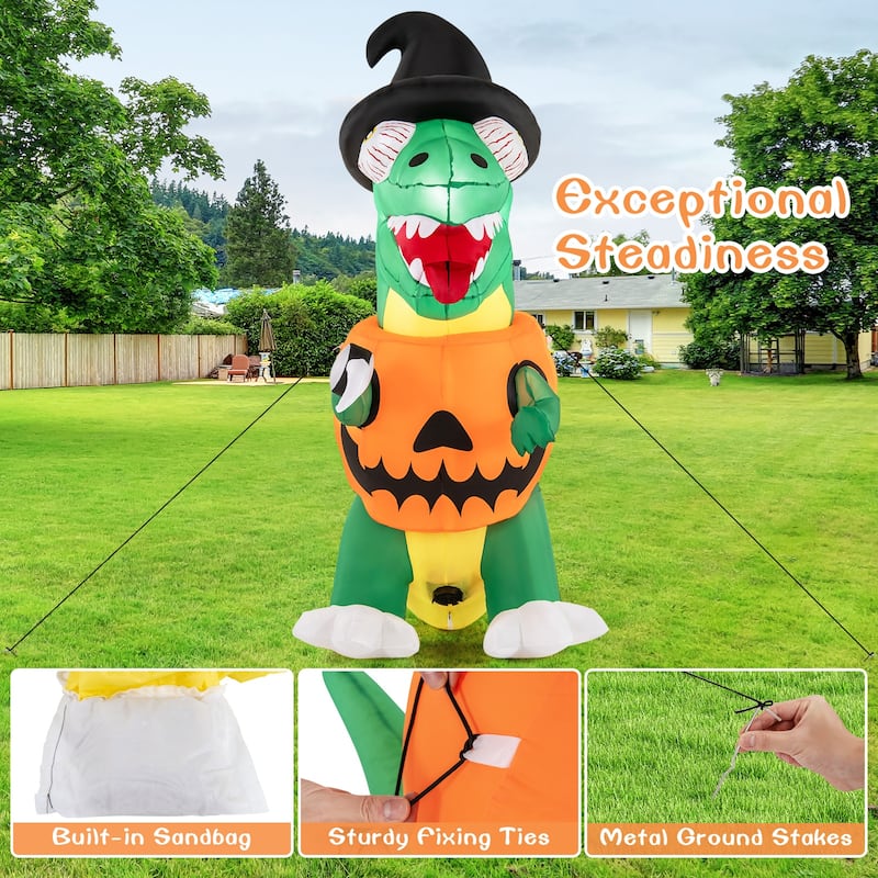 6FT Halloween Inflatable Dinosaur with Pumpkin and LED Lights for Outdoor Yard Decoration - 38.4”L x 49.2”W x 72”H