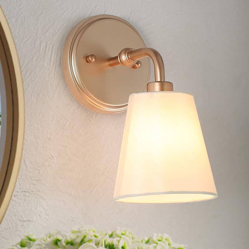 Fabrey Mid-century Modern Glam 1-light Fabric Shade Armed Wall Sconce Bathroom Vanity Light - 1-light
