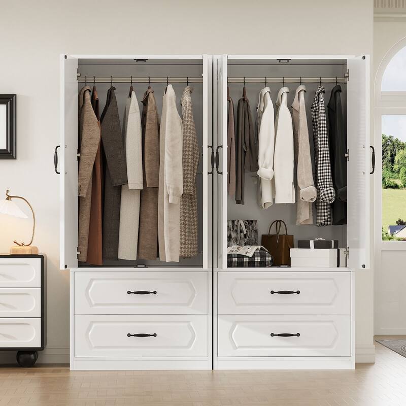 69" Wooden Armoire Wardrobe Closet with Drawers, Modern Bedroom Storage Cabinet with Hanging Rod
