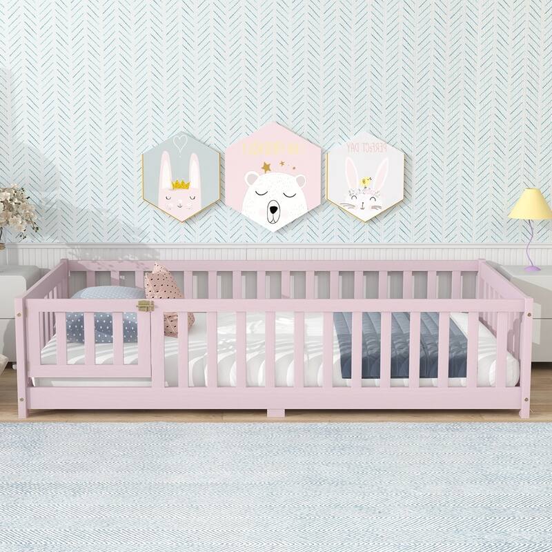 Rubber Wood Floor Bed with Safety Guardrails