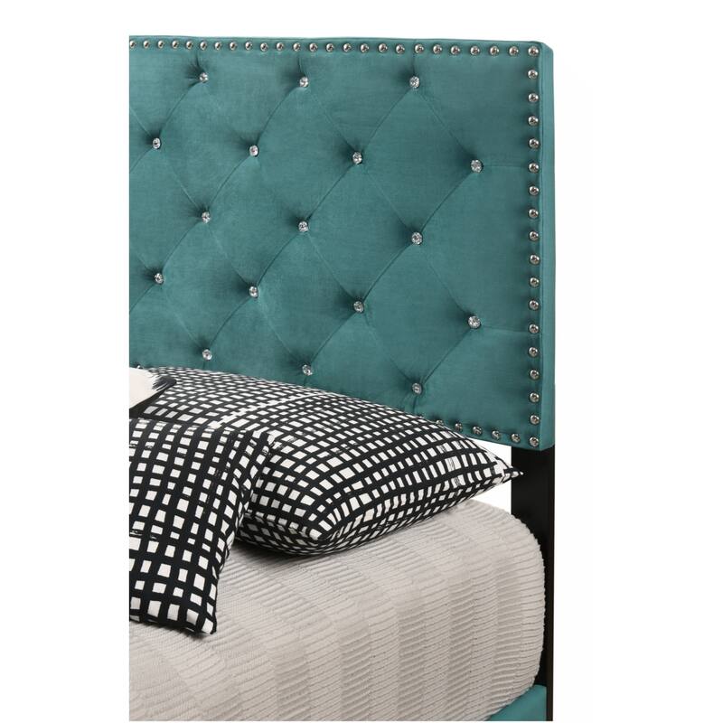 Green Velvet Platform Bed with Nailhead Trim, Twin Size