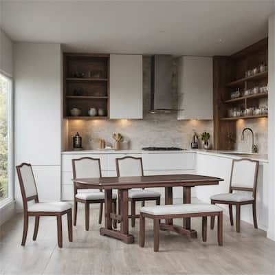 6 Piece Extendable Wood Dining Table Set w/ 4 Upholstered Chair,Bench