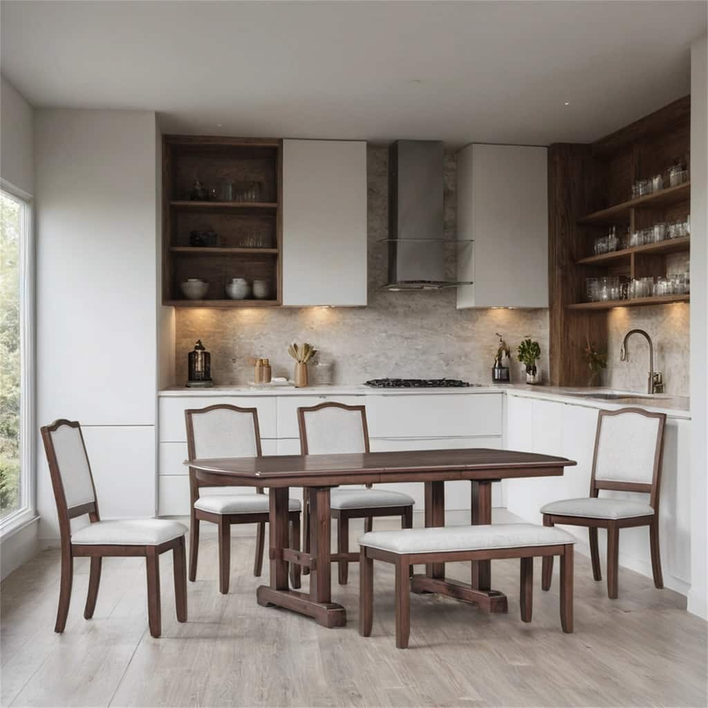 6 Piece Extendable Wood Dining Table Set w/ 4 Upholstered Chair,Bench