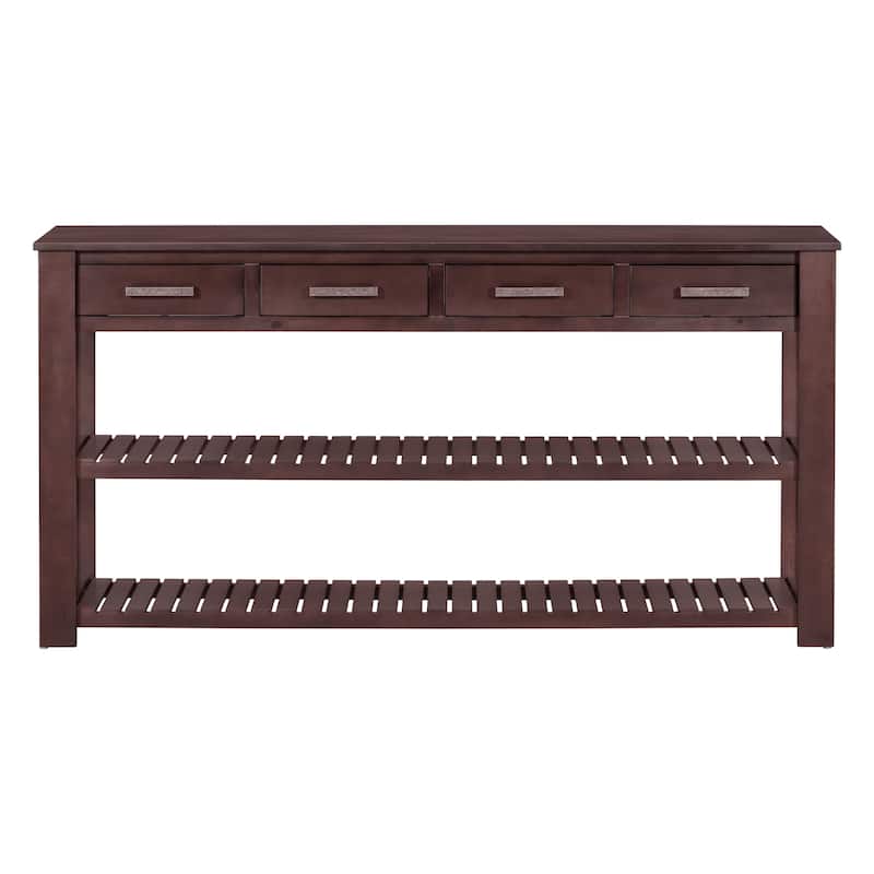 Roomfitters Entryway Console Table with Shelves, Modern Accent Sofa Table with Storage and Slatted Design, Brown