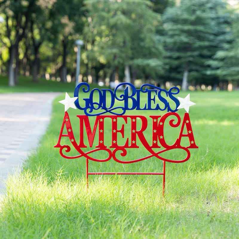 Glitzhome 23.25"H Metal Patriotic GOD BLESS AMERICA Yard Stake