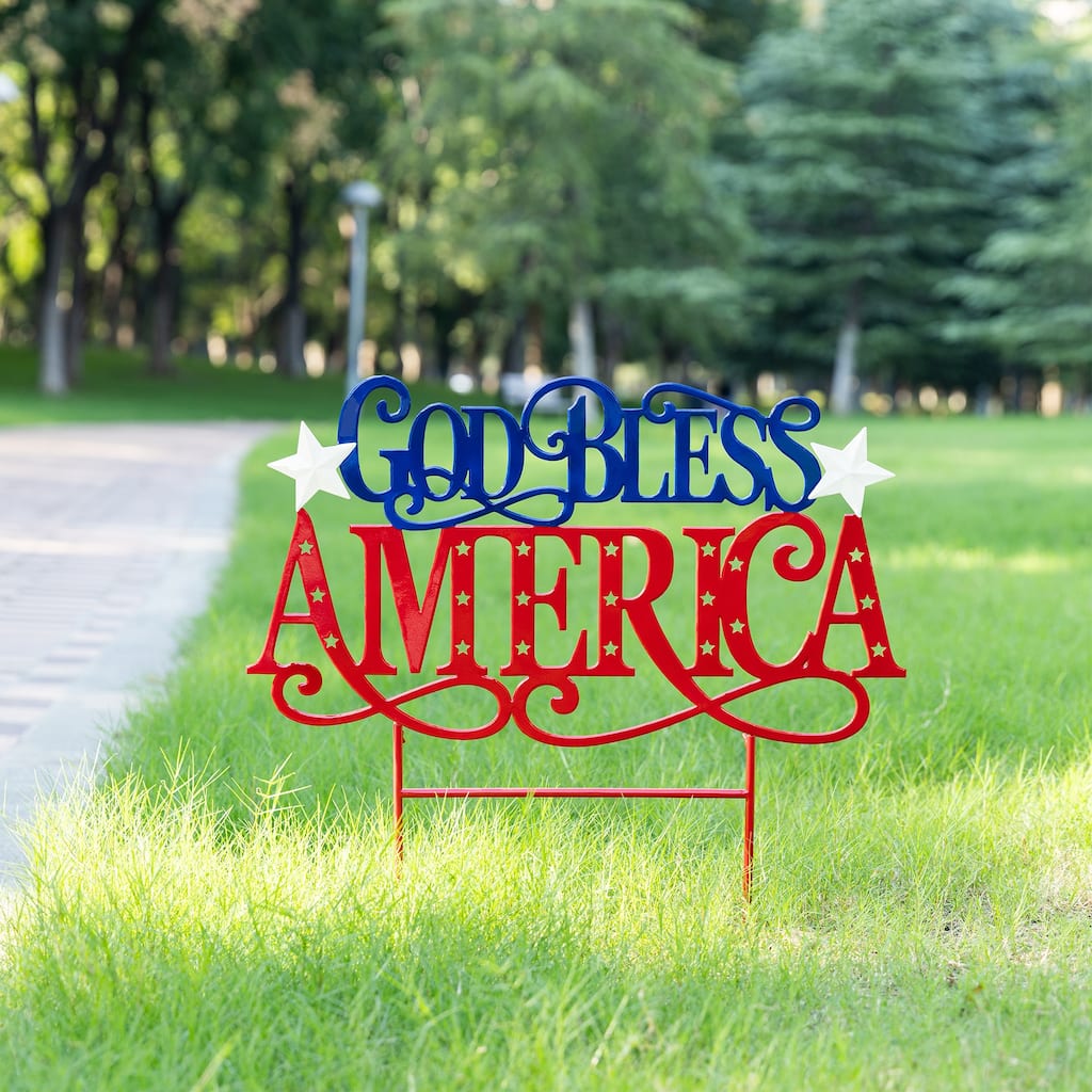 Glitzhome 23.25"H Metal Patriotic GOD BLESS AMERICA Yard Stake