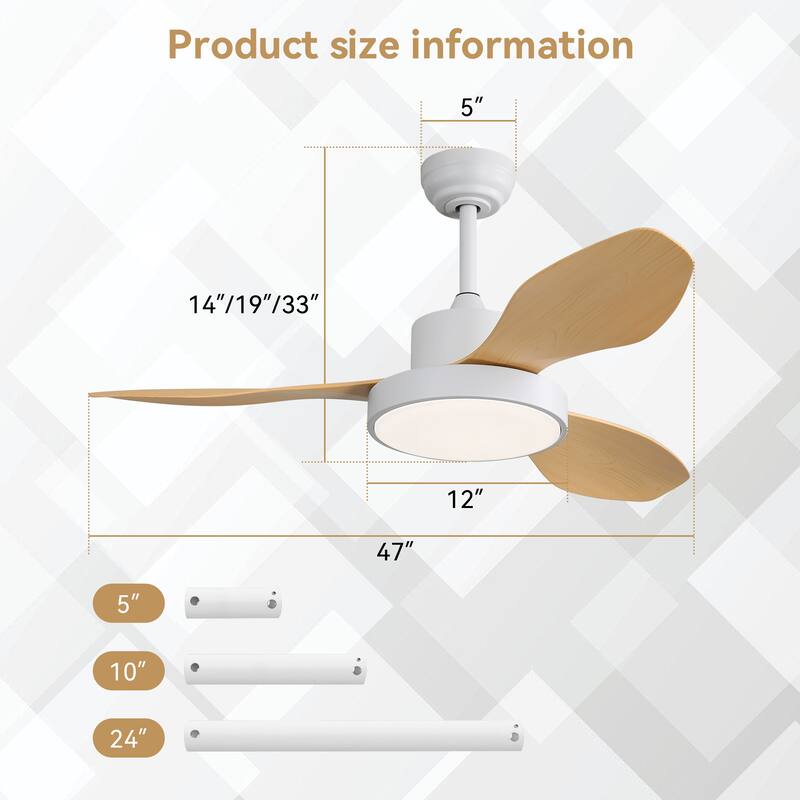47 Inch Ceiling Fan with 22W LED Light and Remote Control 6 Speeds Reversible DC Motor White for Living Room