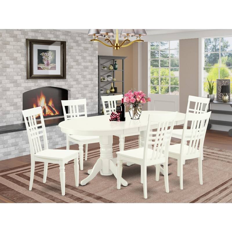 Linen White Dining Set - 7 Piece Kitchen Table & Chair Set, 59-76" Oval Table with Butterfly Leaf - 76