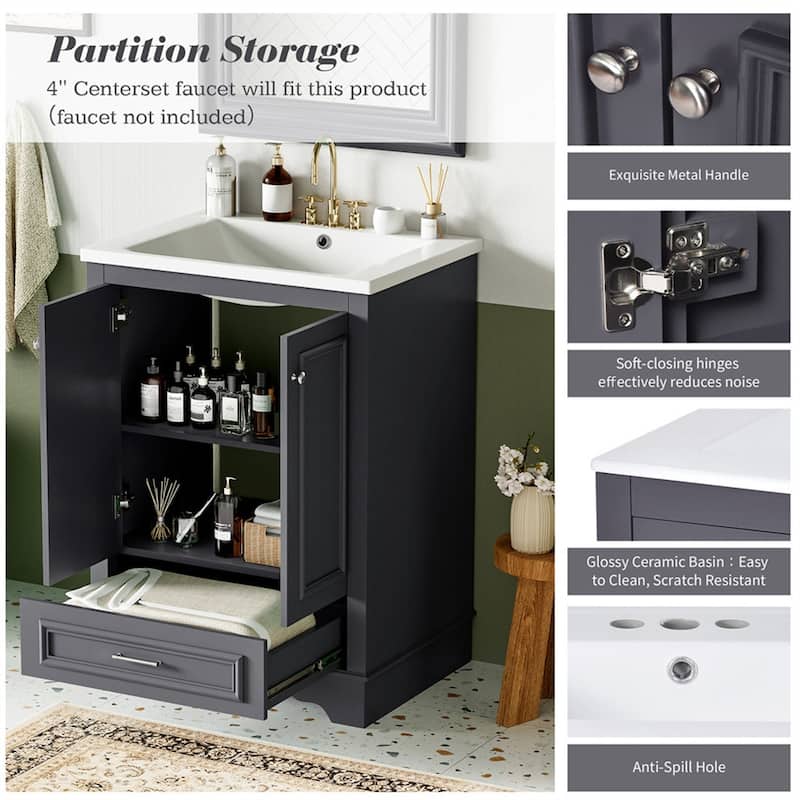 24'' Bathroom Wood Storage Vanity Cabinet with Ceramic Sink, Drawer