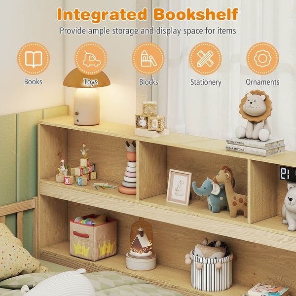dimension image slide 2 of 3, Costway Twin Size Montessori Floor Bed with Bookcase Storage Shelves &