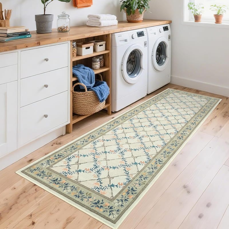 Floral Neutral Washable Hallway Low Pile Area Rug for Bedroom, Living Room, Sage Green - 2' x 3'