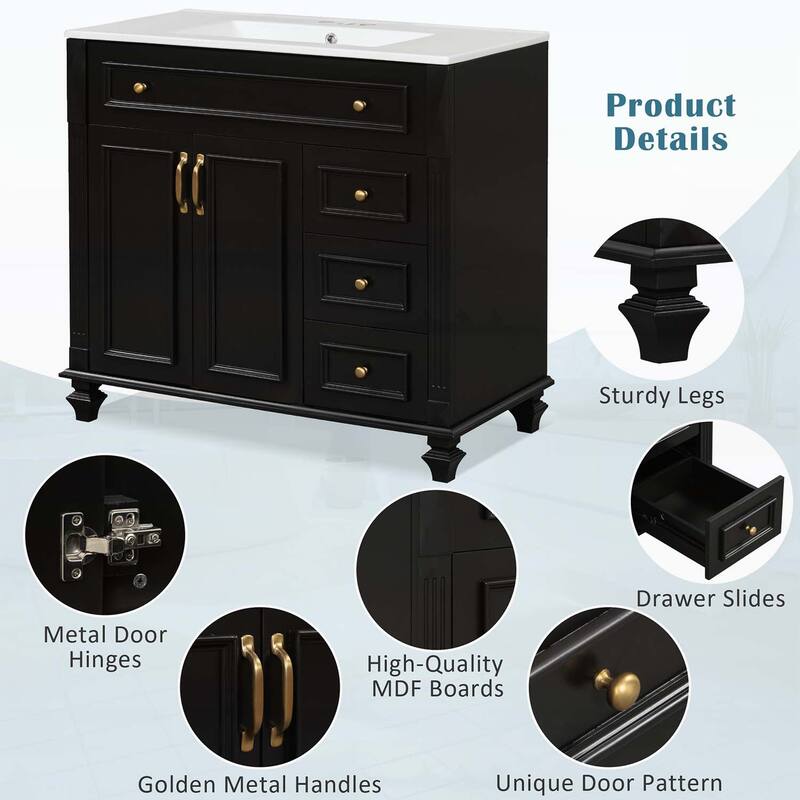 Freestanding Vanity Set with Flip-Out Drawer,3 Drawers,2 Soft-Close Doors