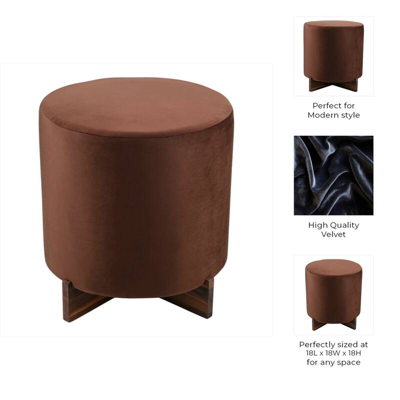 Velvet Ottoman with Wood Base Round Modern Casual Accent - 18" Brown