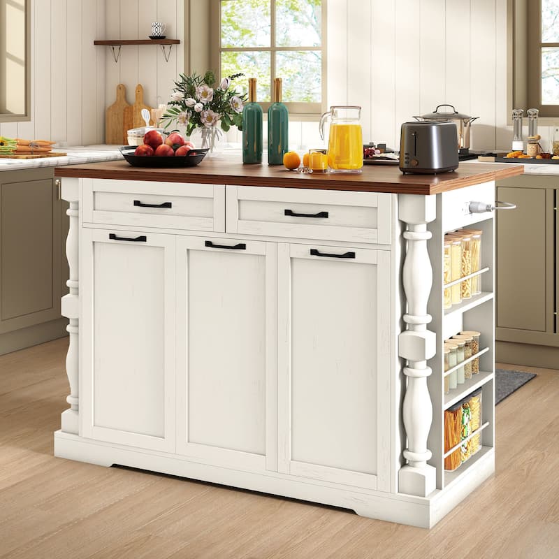 Moasis 47.6 inch Mobile Kitchen Island with Drop Leaf and Power Outlet&Pull-Out Trash Can Storage - White