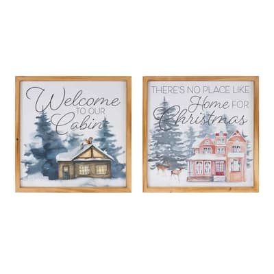 Home and Cabin Framed Christmas Wall Art - 14" x 14" - Set of 2
