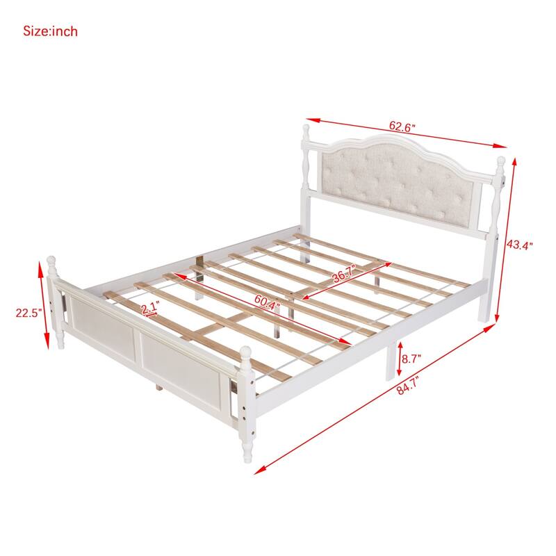 Solid Wood Queen Size Platform Bed Frame with Upholstered Headboard