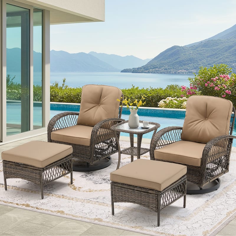 360° Swivel Rocking Patio Chairs Set with Thick Cushions & Tempered Glass Table | Indoor Living Room / Balcony| 3/5-Piece - 5-Piece - Khaki