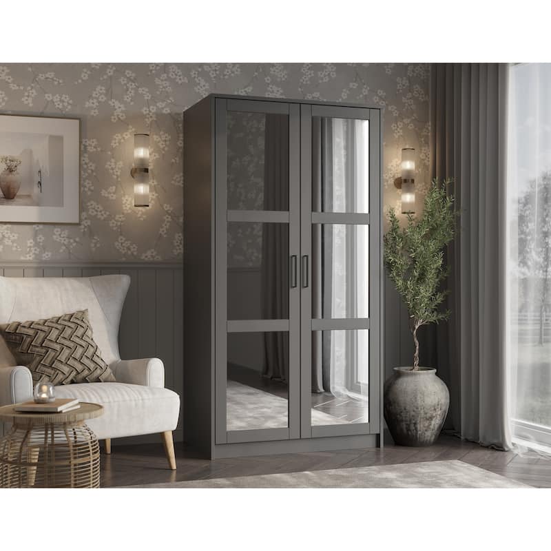 Palace Imports 100% Solid Wood 2-Door Urban Wardrobe Armoire with Solid and Mirrored Doors