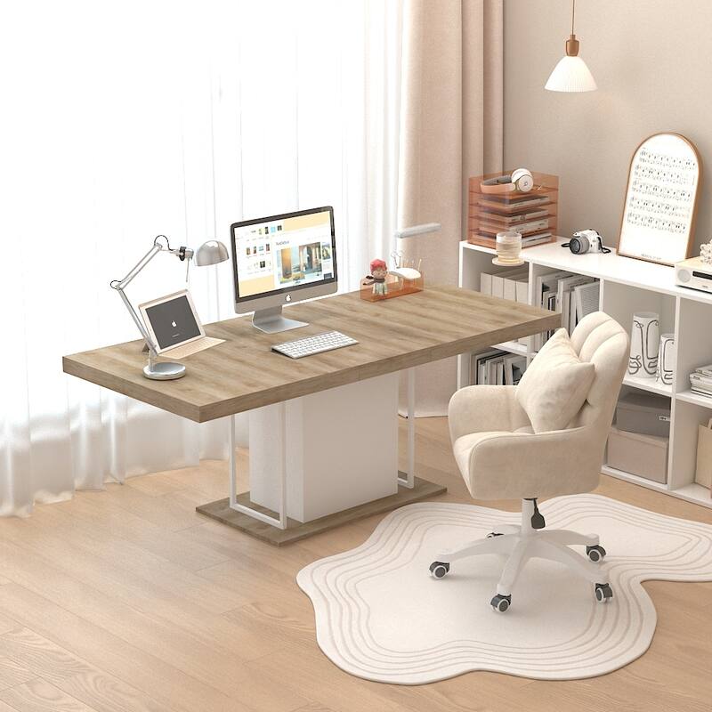 Extendable Dining Table, Wood Kitchen Table for 6-10 People, Large Home Office Table with Thick Top & Wide Feet